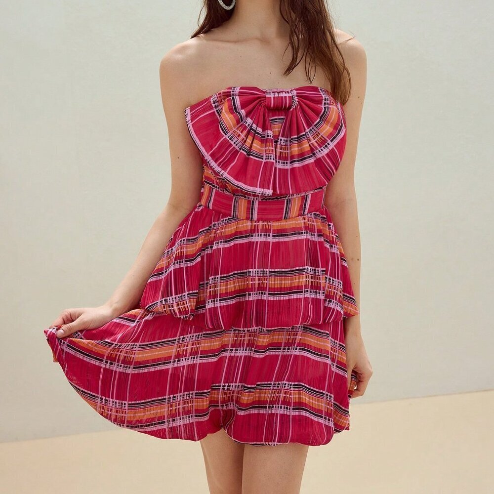 Red Boho Women's Plaid Bow Decor Tube Puffball Dress